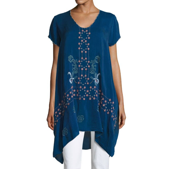Johnny Was Willamy Embroidered Georgette Blouse Tunic Top Blue Large